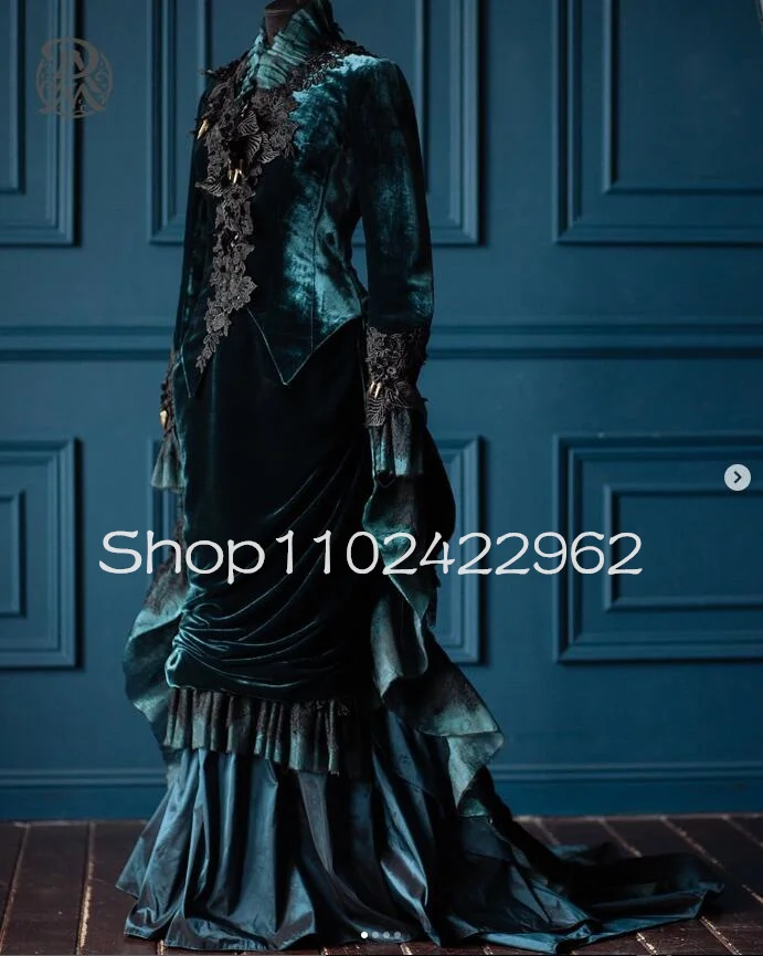 Top Trends: Emerald Velvet Victorian Costume Prom Occasion Dresses With Long Sleeve Lace Applique Crimson Peak Movie Hallowen Evening Gown Shoppable Styles