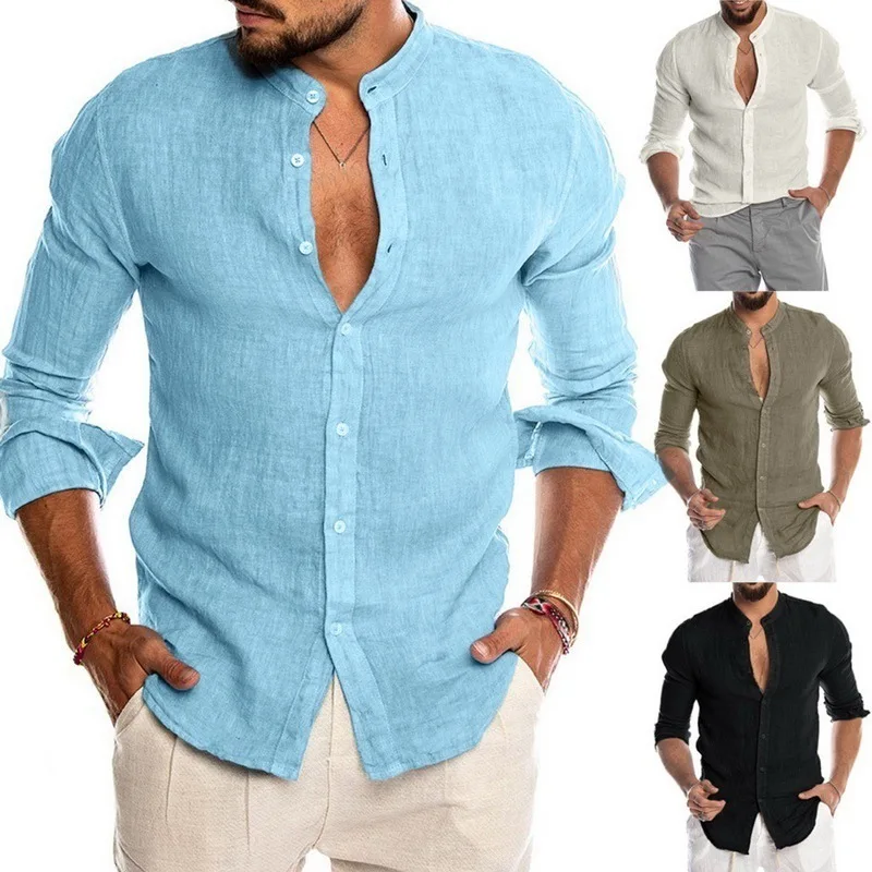 Top Trends: Linen Stand Collar Long Sleeve Men's Cardigan Shirt Shoppable Styles