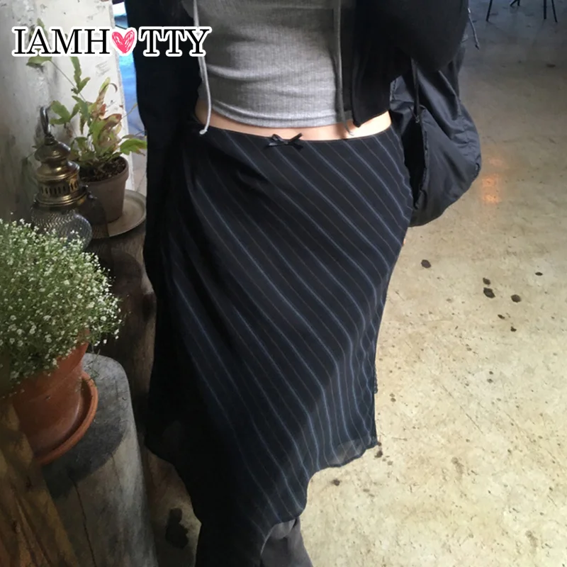 Top Trends: IAMHOTTY Y2K Striped Chiffon Midi Skirt Fairycore Grunge Straight Long Skirts Vintage Aesthetic Bow High Waist Skirts Holiday Shoppable Styles