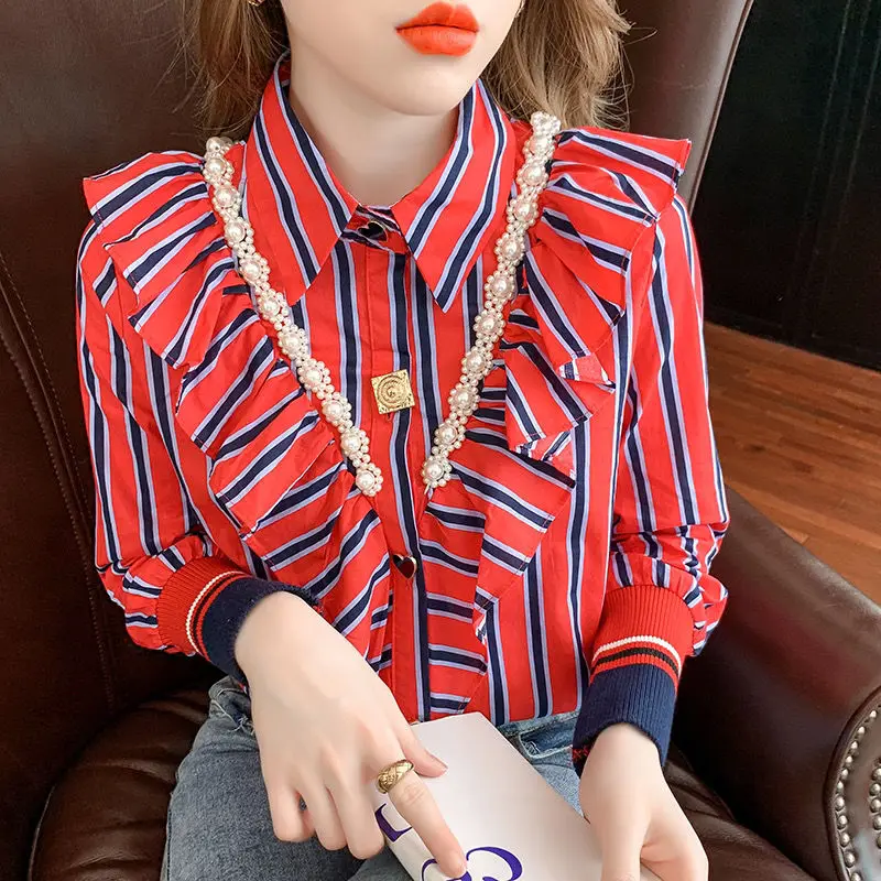 Top Trends: Fashion Printed Spliced Beading Ruffles Striped Shirt Women's Clothing 2023 Autumn Winter New Casual Tops Office Lady Blouse Shoppable Styles