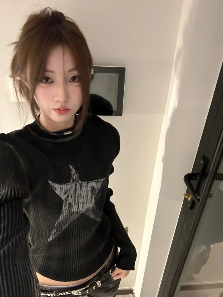 Top Trends: Deeptown Y2K Vintage Star Knitted Sweater Women Harajuku Grunge Black Slim Cropped Pullover Korean Casual Jumper Fairycore Kpop Shoppable Styles