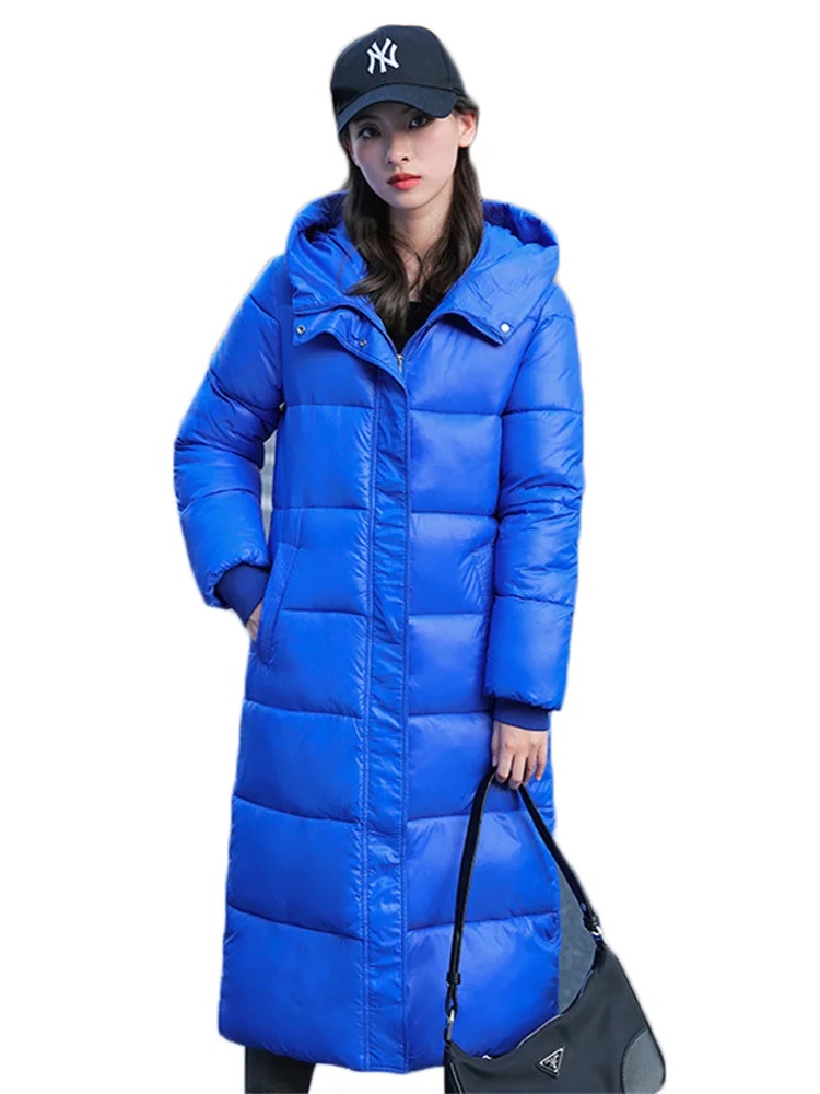 Top Trends: Blue Glossy Free Wash Down Cotton Coat For Women Long Thick Warmth Hooded Parkas 2022 Winter New Korean Loose Clothing Feminine Shoppable Styles