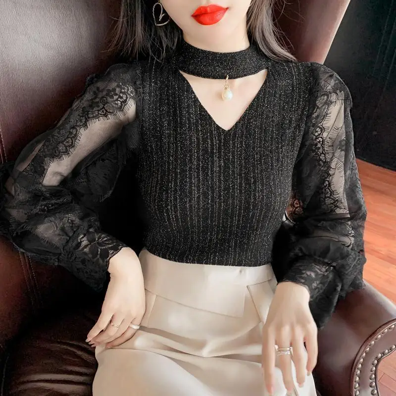 Top Trends: Fashion Gauze Bright Silk Beading Hollow Out Blouses Female Clothing 2023 Autumn Winter Elegant Lace Tops Princess Sleeve Shirts Shoppable Styles