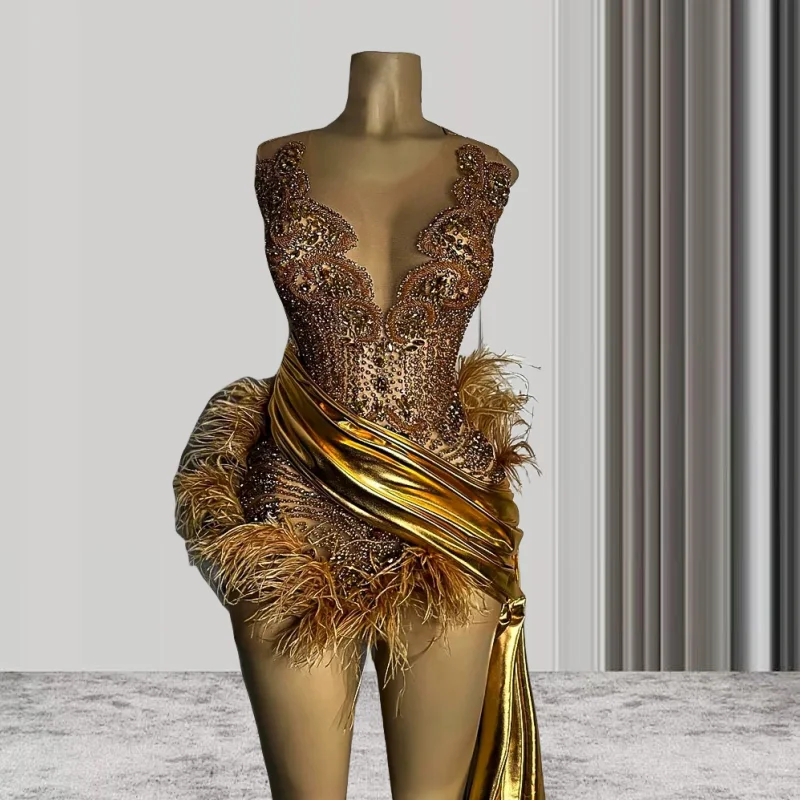 Top Trends: Feather Gold See Through Women African Cocktail Dresses Beaded Birthday Party Gowns Short Black Girl Prom Dresses Homecoming Shoppable Styles