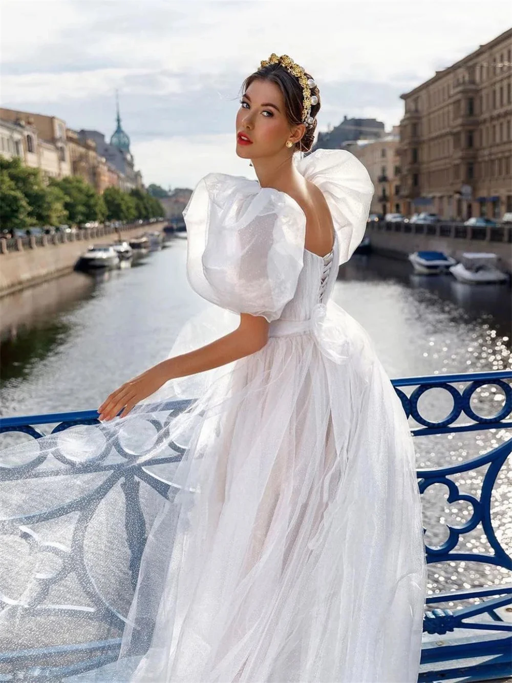 Top Trends: Romantic Shiny A-Line Wedding Dresses Court Train Corset Back Boho Sweetheart Shiny Bridal Gown Lantern Sleeves Vestido De Noiva Shoppable Styles - Image 5