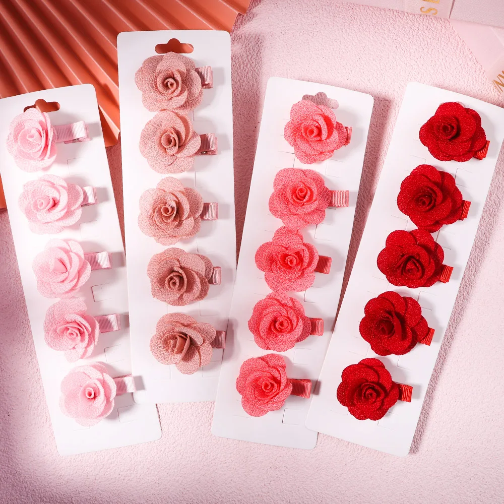 Top Trends: 5Pcs / Set Solid Color Sweet Camellia Hair Clips For Kids Girls Flower Hairpins Covered Safety Clips Headwear Hair Accessories Shoppable Styles