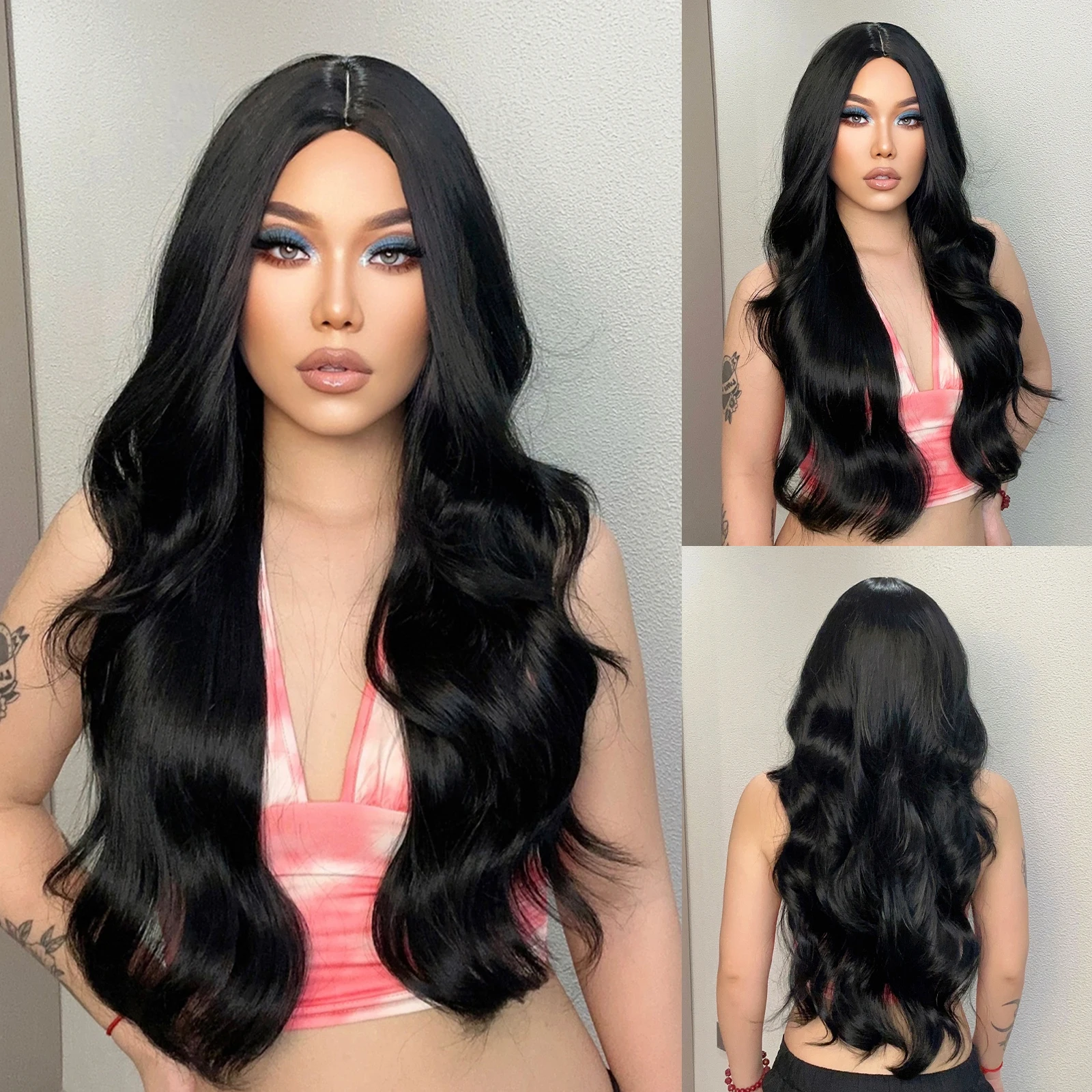 Top Trends: Long Middle Part Body Wave Wig For Women Daily Party Natural Looking Black Wigs High Density Silky Synthetic Hair Heat Resistant Shoppable Styles