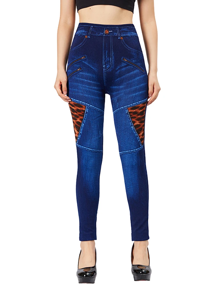 Top Trends: CUHAKCI Splice Leopard Blue False Jeans Fake Zipper Pockets Print Stretch Imitation Denim Pants Slim Fit Leggings Women Jeggings Shoppable Styles - Image 6