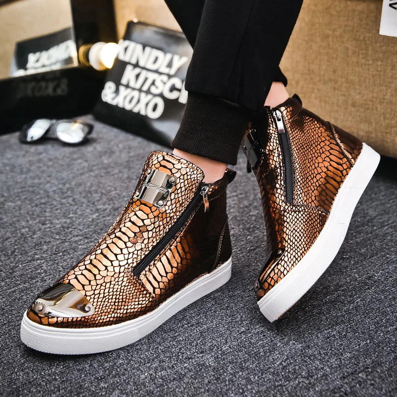 Top Trends: 2023 New Luxury Glitter Snake Designer Shoes Men Gold High Top Original Men's Sneakers Fashion Zipper Casual Ankle Boots For Men Shoppable Styles - Image 2