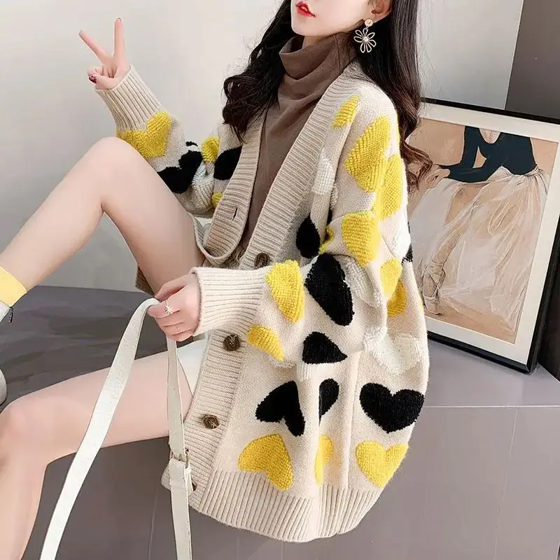 Top Trends: Fashion Loose Color Spliced Button Cardigan Sweaters Female Clothing 2023 Autumn Winter New Oversized Knitted Casual Warm Tops Shoppable Styles