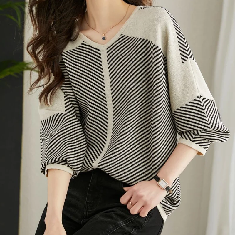 Top Trends: 2023 New Spring Tops Women Pullover Long Sleeve V Neck Striped Loose Office Lady Korean Style Print Lively Popularity T-Shirts Shoppable Styles