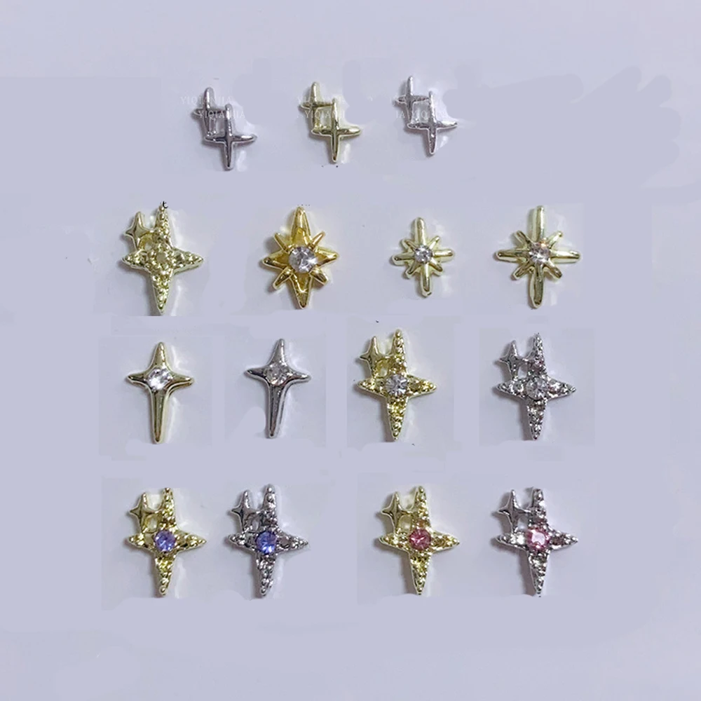 Top Trends: 10Pcs Diamond Stars Nail Art Charms 3D Gold / Silver Cross Star With Gems Crystals Nail Decoration Luxury DIY Manicure Accessories Shoppable Styles