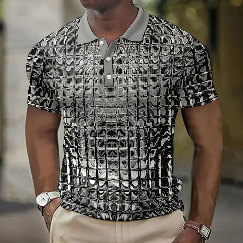 Top Trends: Fashion Men'S Polo Shirts 3d Simulation Metal Plaid Printed Men'S Clothing Summer Casual Short Sleeved Street Designer Tops Tees Shoppable Styles