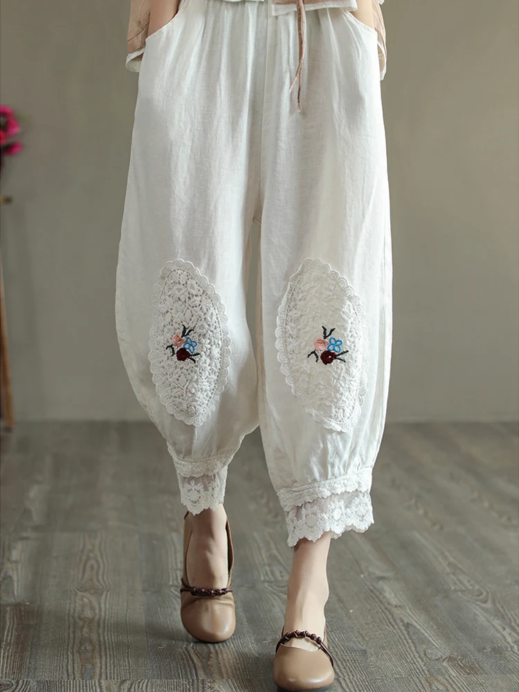 Top Trends: Women Casual Harem Pants New 2023 Summer Vintage Flower Embroidered Cotton Bloomers Female Ankle-Length Lantern Pants 4XL Shoppable Styles