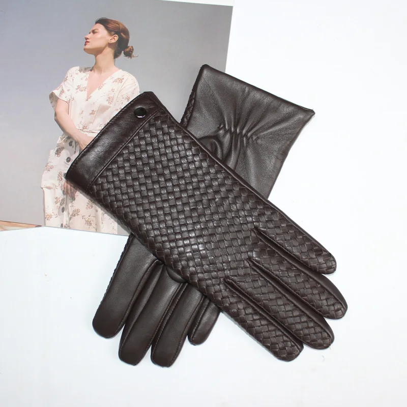 Top Trends: New Women&#039;s High End Sheepskin Gloves Touch Screen Fashion Sheepskin Woven Warm Wool Knitted Lining Leather Driving Gloves Shoppable Styles