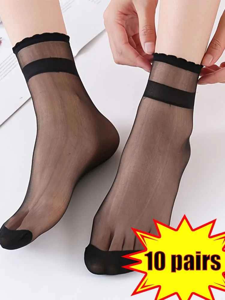 Top Trends: 10Pairs Women Nylon Socks Set Floral Trim Tulle Sock Summer Ultra-thin Semi-Sheer Mid Tube Girls Sock Crystal Silk Ladies Sox Shoppable Styles