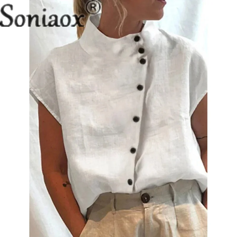 Top Trends: Elegant Cotton Linen Stand Neck Shirt Female 2023 Summer Simple Style Single-breasted Cardigan Tops Women's Casual Loose Blouse Shoppable Styles