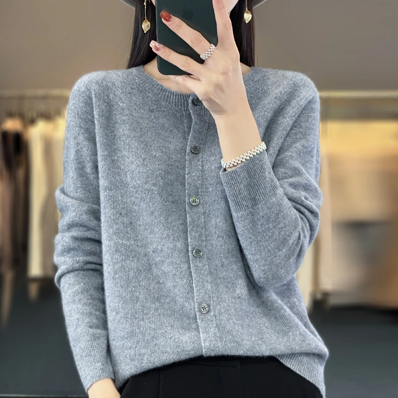 Top Trends: 100% Merino Wool Clothing Women's Round Neck Cardigan Casual Loose Knit Top Spring And Autumn New Fashion Shoppable Styles