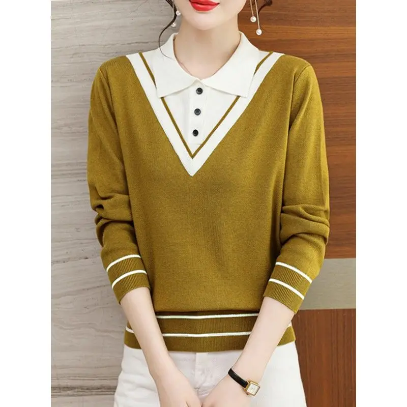 Top Trends: Spring And Autumn Women&#039;s Fashion Elegant Fake Two Piece Polo Neck Knit Loose Solid Color Pullover Casual Panel Sweater Tops Shoppable Styles