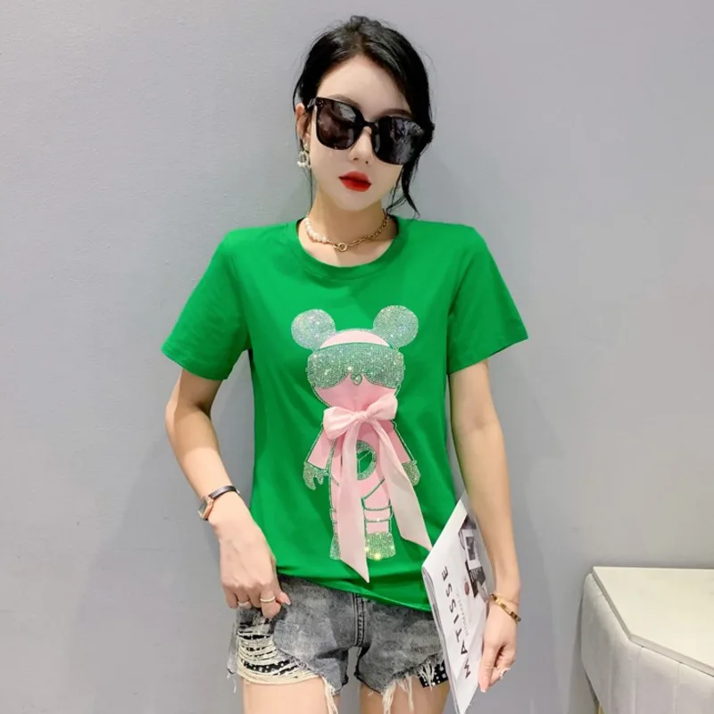 Top Trends: #5214 Black Green White Cute Cartoon Diamonds Short Sleeve T Shirt Women Slim Cotton Summer T-shirt Femme Printed Korean Fashion Shoppable Styles - Image 3