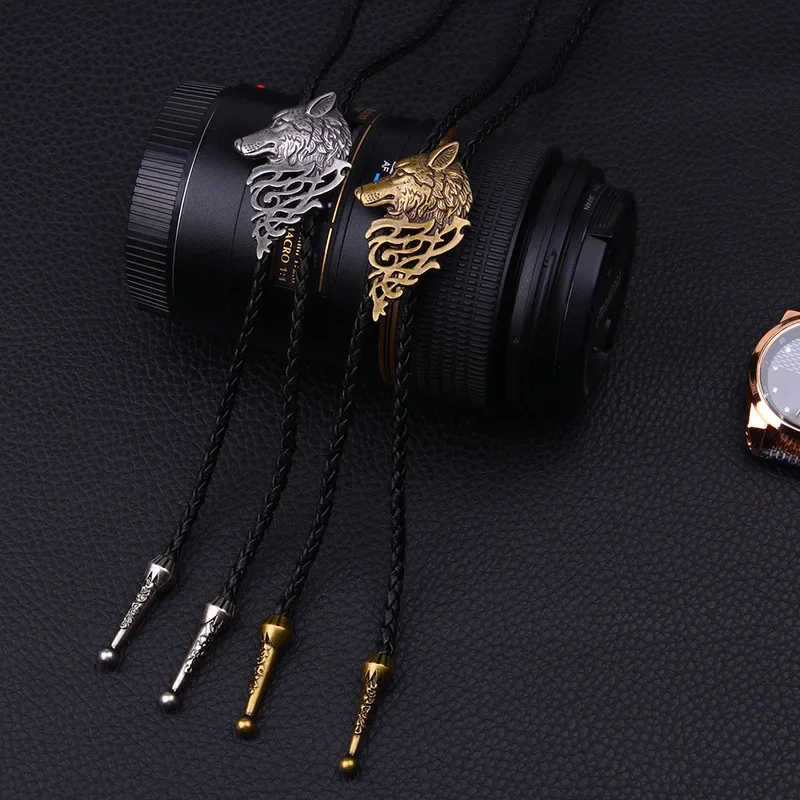 Top Trends: Personality Tie Golden Wolf Head Pendant Bowtie Necklace Cowhide Chain Men Bolo Tie Steampunk Accessories Sweater Chain Necktie Shoppable Styles