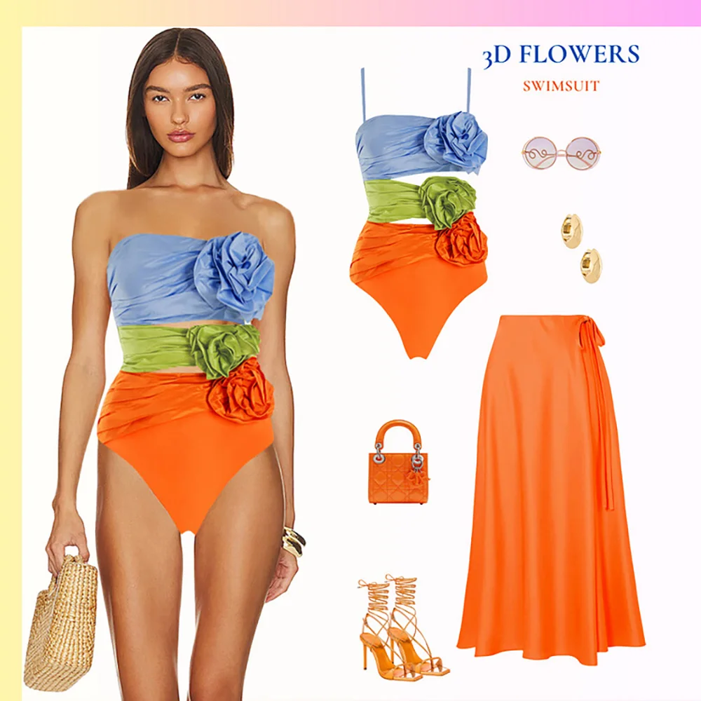 Top Trends: 3D Heavy Industry Bikini Set Three-color Flower One-piece Swimsuit High Waist Swimwear Sexy Suit Beachwear Cover Up Shoppable Styles