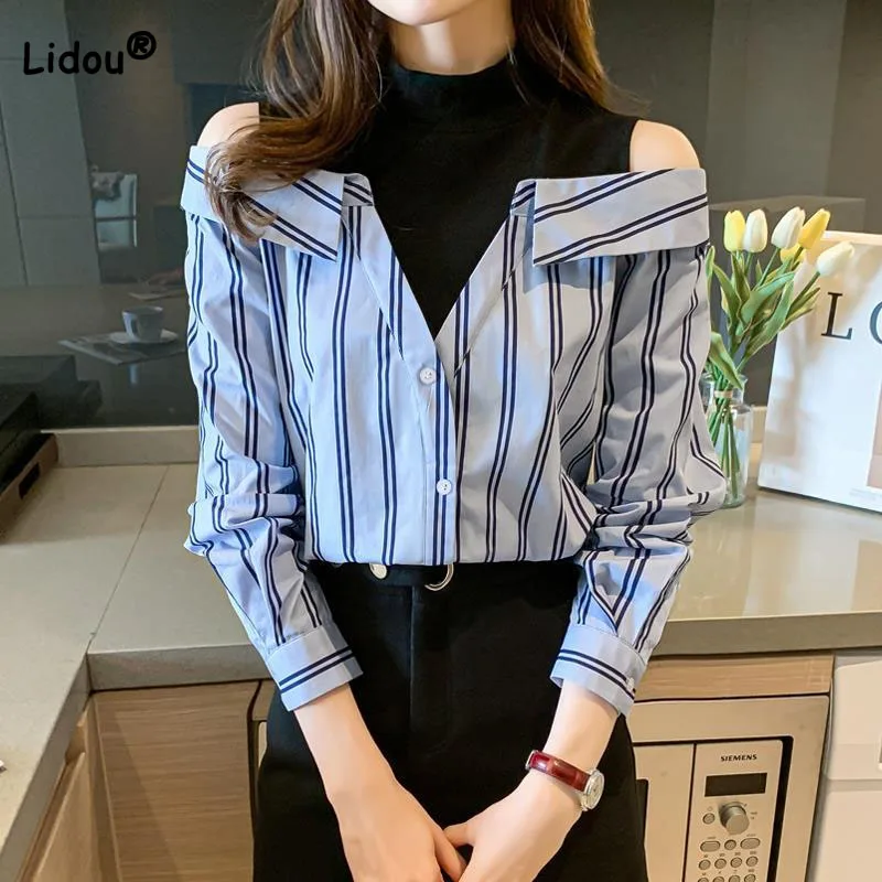 Top Trends: Spring Stylish Fake Two Pieces Striped Off Shoulder Shirt Women&#039;s Clothing Korean Commute Long Sleeve Spliced Button Blouse Shoppable Styles