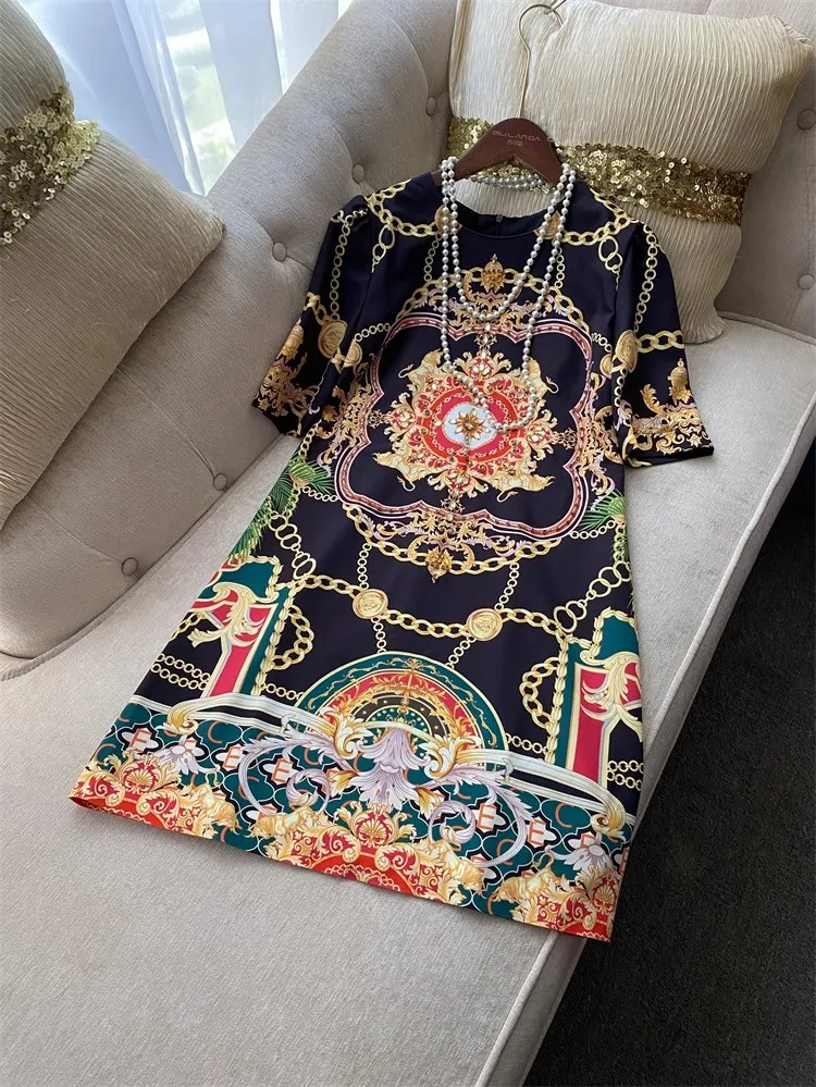 Top Trends: High Quality 2023 Summer Women Fashion Runway Mini Dress Short Sleeve Crystal Beading Vintage Printed A-Line Dresses N6736 Shoppable Styles