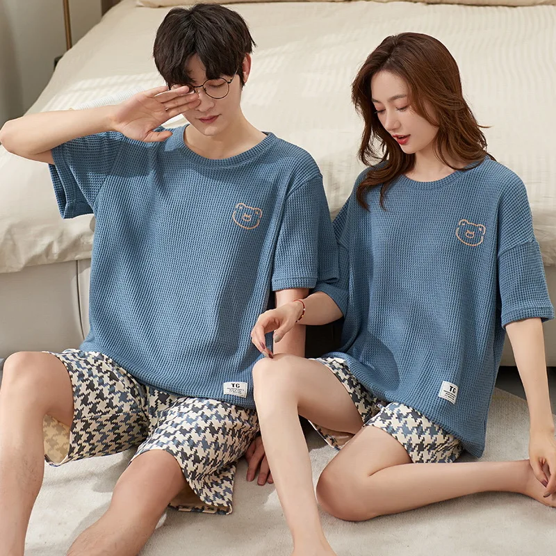 Top Trends: Cotton Couples Pajamas Set For Men Women Summer Short Sleeves Sleep Top & Shorts Homewear Female Male Night Clothing Hombre Shoppable Styles - Image 2