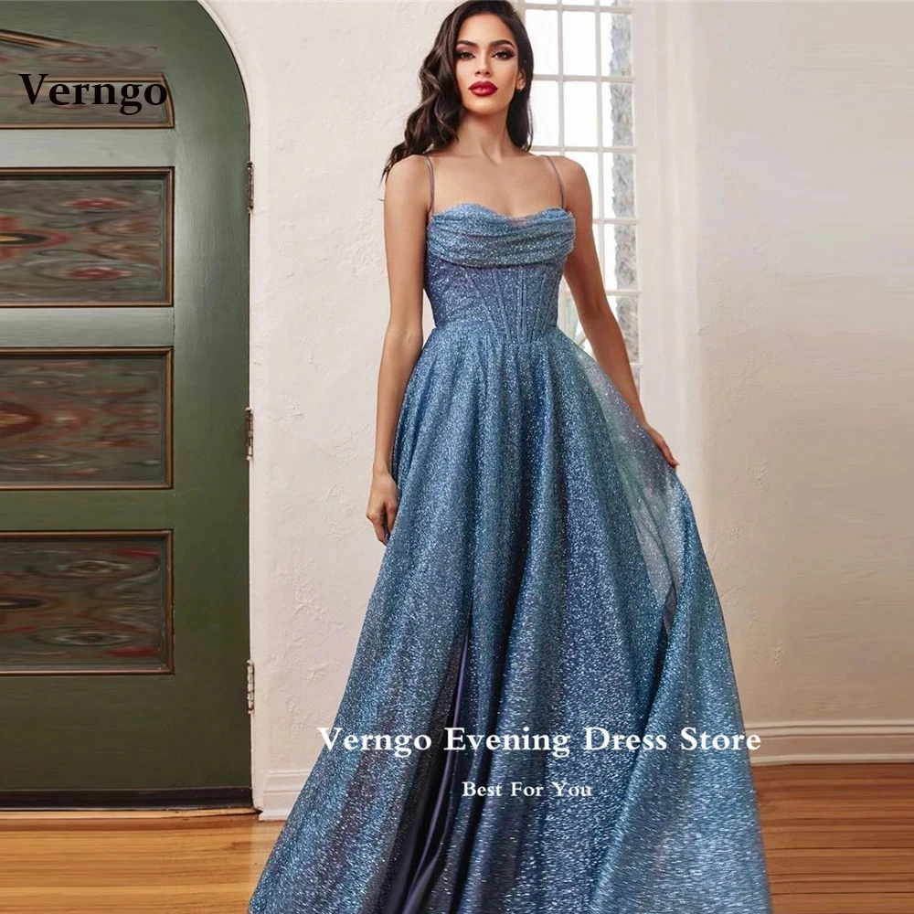 Top Trends: Verngo Sparkly Dusty Blue Champagne Tulle Plus Size Evening Dress Plus Size Spaghetti Straps Glitter Evening Gowns Shoppable Styles