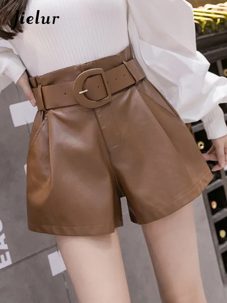 Top Trends: Jielur New Autumn Winter Black Pu Faux Leather Women Shorts Sashes High Waist Wide Leg Shorts Elegant Female Shoppable Styles