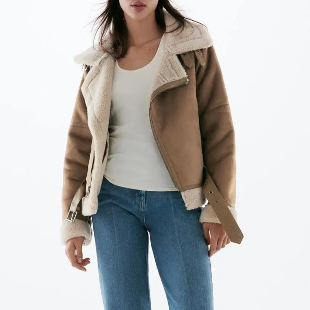 Top Trends: Women New Fashion With Belt Warm Loose Lambswool Jacket Coat Vintage Long Sleeve Side Pockets Zipper Female Outerwear Chic Tops Shoppable Styles