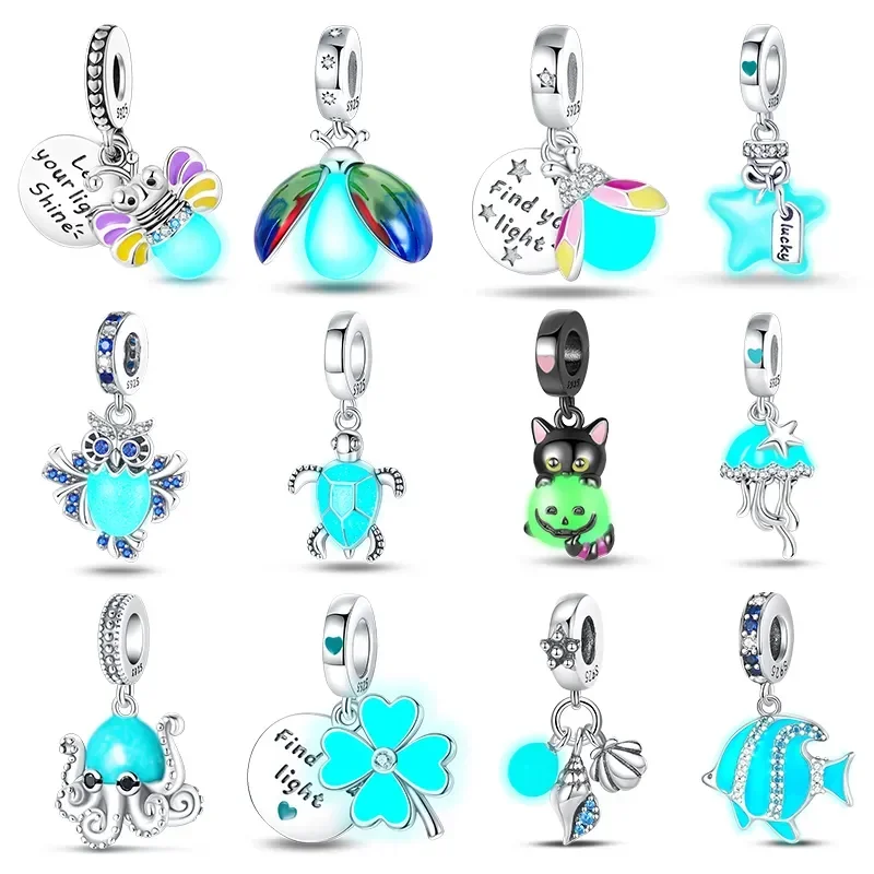 Top Trends: 925 Silver Glow In The Dark Firefly Honeybee Star Beads Fit Pandora 925 Original Bracelets DIY Charms For Jewelry Making Gift Shoppable Styles