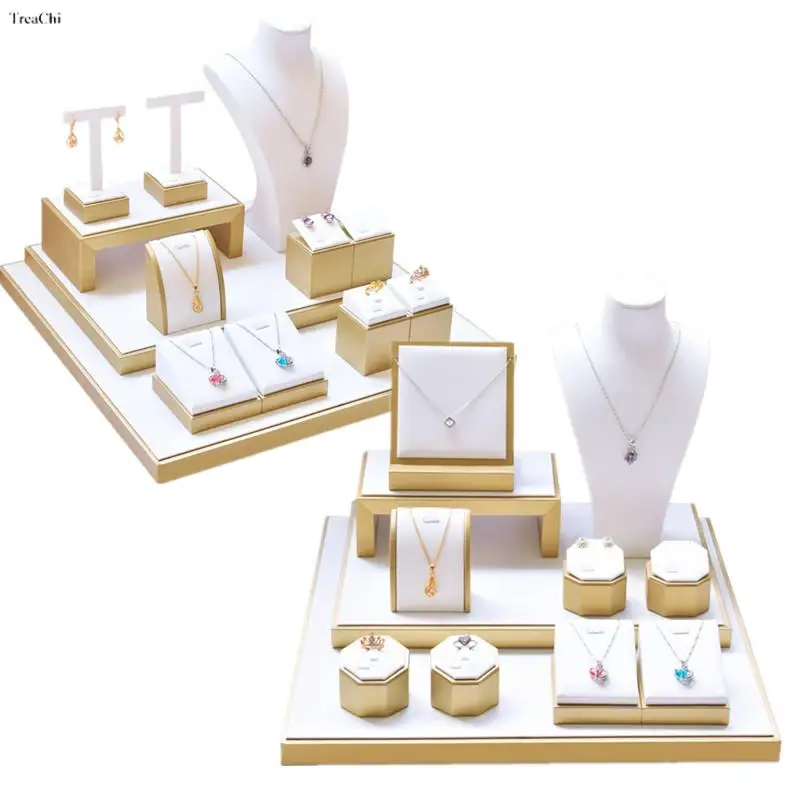 Top Trends: White Leather Necklace Display Stand Gold Jewelry Display Props Ring Earrings Jewelry Stand Jewelry Counter Window Display Set Shoppable Styles