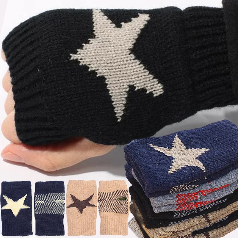 Top Trends: 2023 New Winter Touchscreen Knitted Gloves Women Men's Outdoor Warm Stretch Knit Mittens Star Print Wool Half Finger Fingerless Shoppable Styles - Image 3