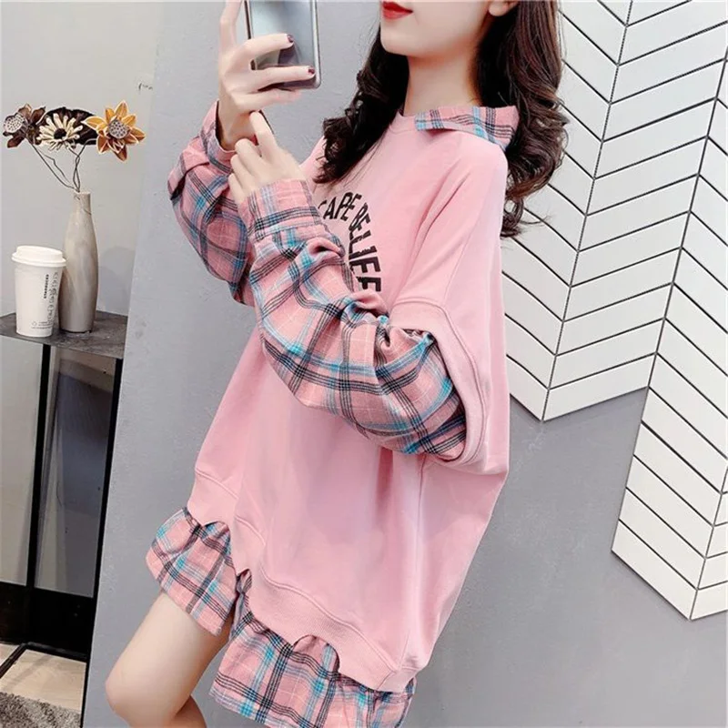 Top Trends: Fashion Printed Spliced Plaid Fake Two Pieces Sweatshirts Female Clothing 2023 Autumn New Loose Casual Tops Korean Sweatshirts Shoppable Styles