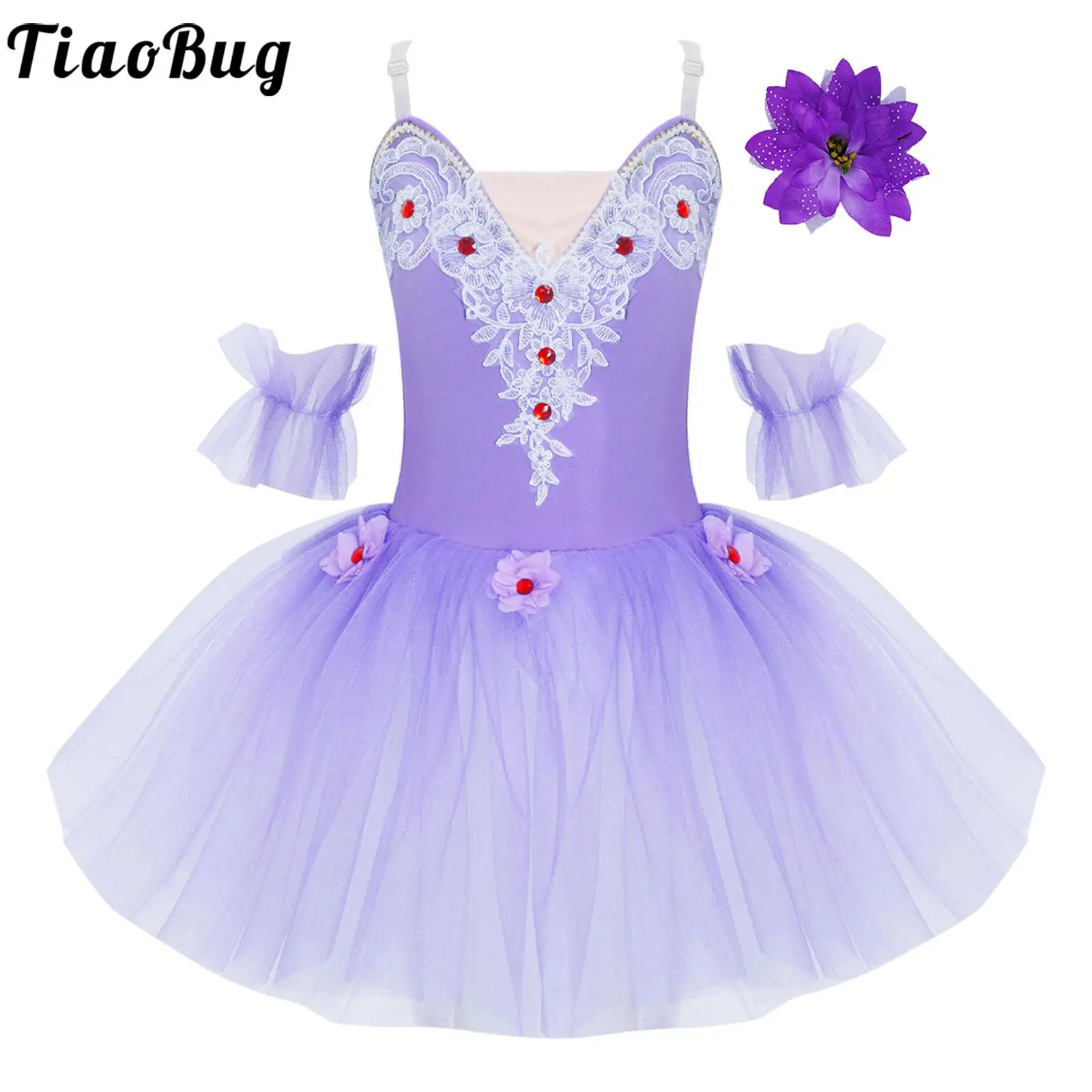 Top Trends: Kids Girls Lace Applique Rhinestone Ballet Dance Tutu Dress Flower Pattern Leotard Tulle Dress Dancing Performance Costume Shoppable Styles