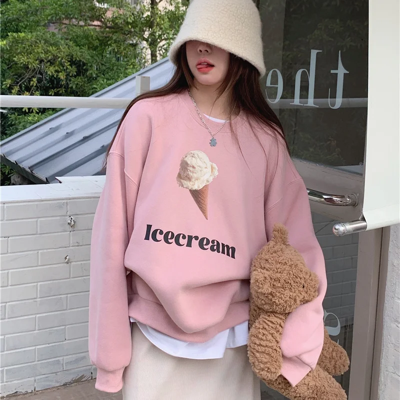 Top Trends: Pink Fun Printed Hoodies Women Korean Loose Crewneck Sweatshirts Female Fashion Warm Plus Velvet Pullovers Hoodie Autumn Winter Shoppable Styles