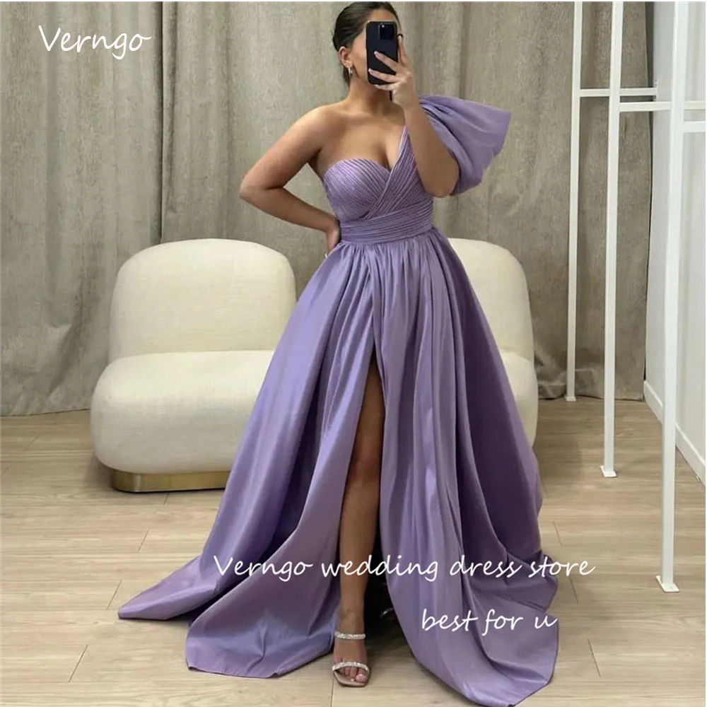 Top Trends: Verngo A Line Lavender Satin Long Prom Dresses One Shoulder Sleeve Split Old Blue Evening Gowns Arabic Women Formal Party Dress Shoppable Styles