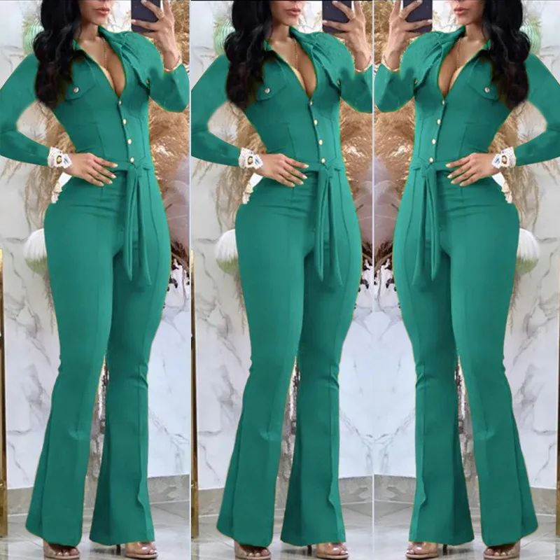 Top Trends: Women's Fashion Lapel Buttoned Micro Flared Cargo Jumpsuit Autumn & Winter New Woman Long Sleeved High Waist Jumpsuits With Belt Shoppable Styles