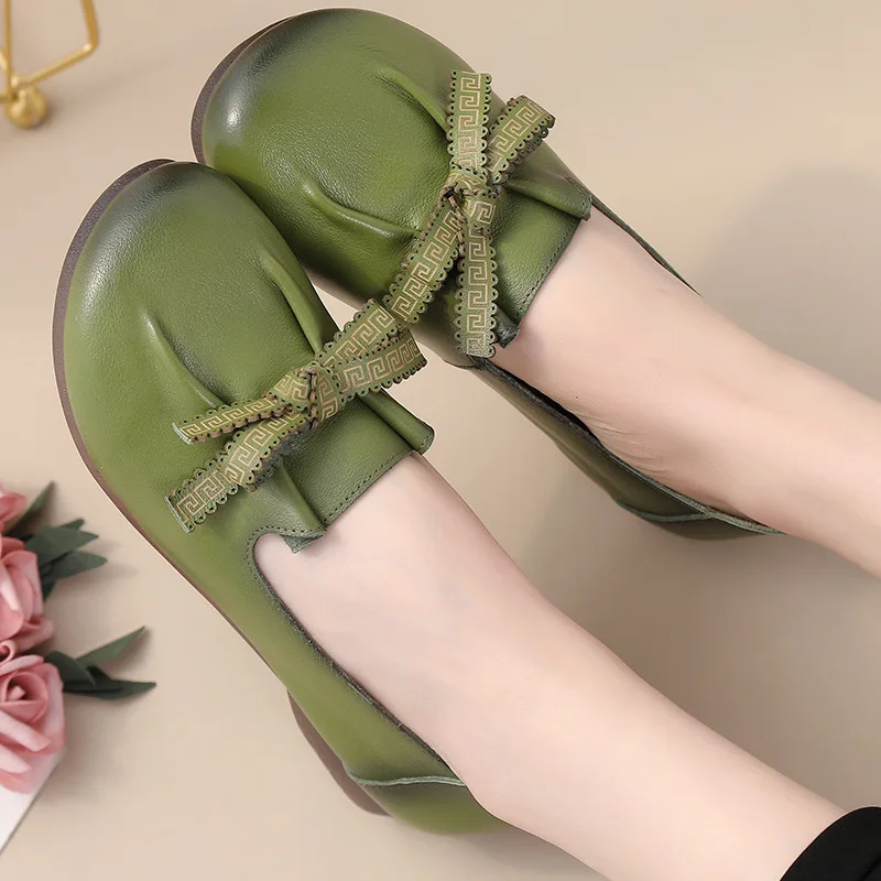 Top Trends: Luxury Green Ballet Flats Comfortable Elegant Women's Shoes Genuine Leather Loafers Ladies Bowknot Woman Soft Blue Moccasins Shoppable Styles