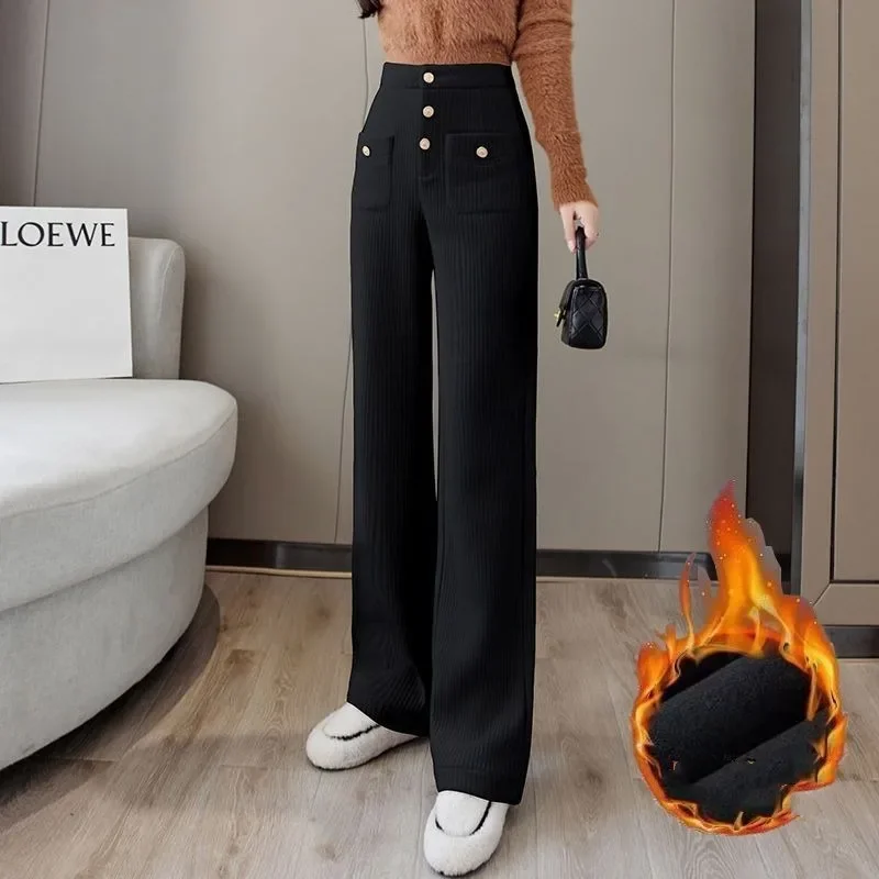 Top Trends: Autumn And Winter Women&#039;s Solid Button Pocket Loose Fit High Waist Straight Elastic Belt Fashion Elegant Commuter Casual Pants Shoppable Styles