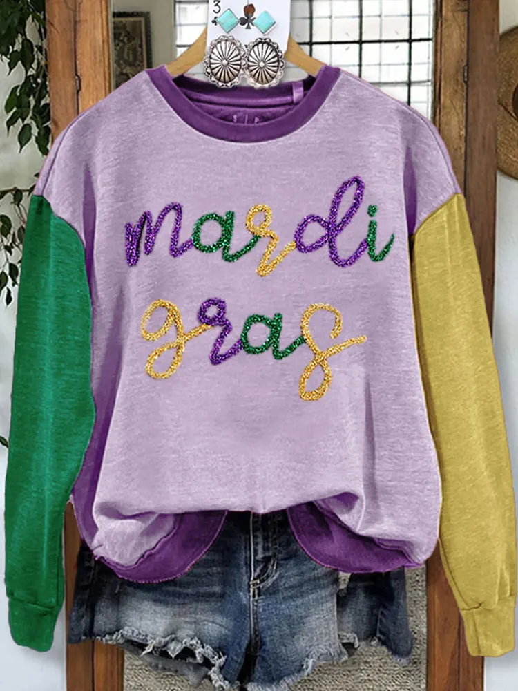 Top Trends: Casual Contrast Color Mardi Gras Rope Embroidered Sweatshirt Lavender Mardi Gras Glitter Script Shoppable Styles