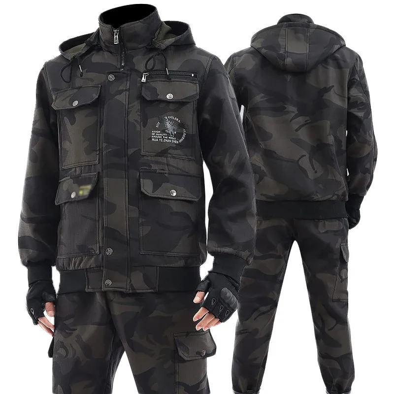 Top Trends: Men's 2-piece Set Outdoor Welder Jacket Trousers Winter Work Clothes Plus Velvet Thick Cotton Protective Clothing Camouflage Shoppable Styles - Image 2