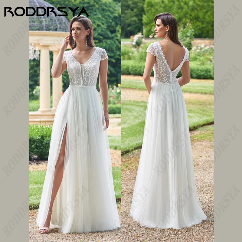 Top Trends: RODDRSYA Boho Tulle Backless Wedding Dress For Women V-Neck A-Line Cap Sleeve Beach Bridal Gown High Split Bohemian Bride Party Shoppable Styles