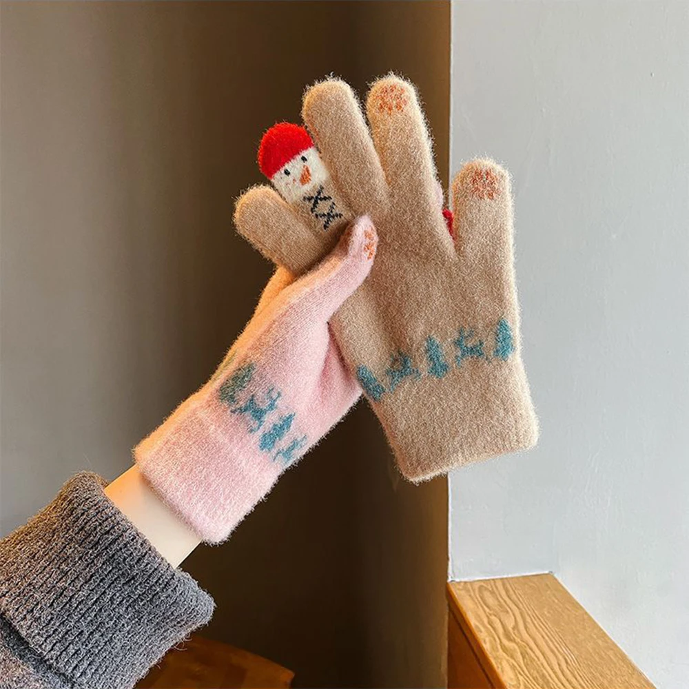 Top Trends: Women‘s Winter Warm Knitted Plush Gloves Cute Snowman Embroidery Touch Screen Full Fingers Gloves Girls Windproof Furry Mittens Shoppable Styles - Image 6