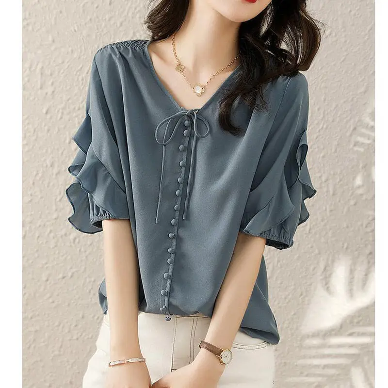 Top Trends: Elegant Fashion Ruffles Lace Up Chiffon Blouses Woman 2022 Summer New Office Lady Commute V-Neck Butterfly Sleeve Button Shirts Shoppable Styles