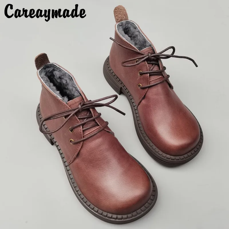 Top Trends: Careaymade-Women's Shoes Real Leather Pure Handmade Big Head Boots, Loose Version Autumn Short Boots, single Shoes Wool Warm Boot Shoppable Styles