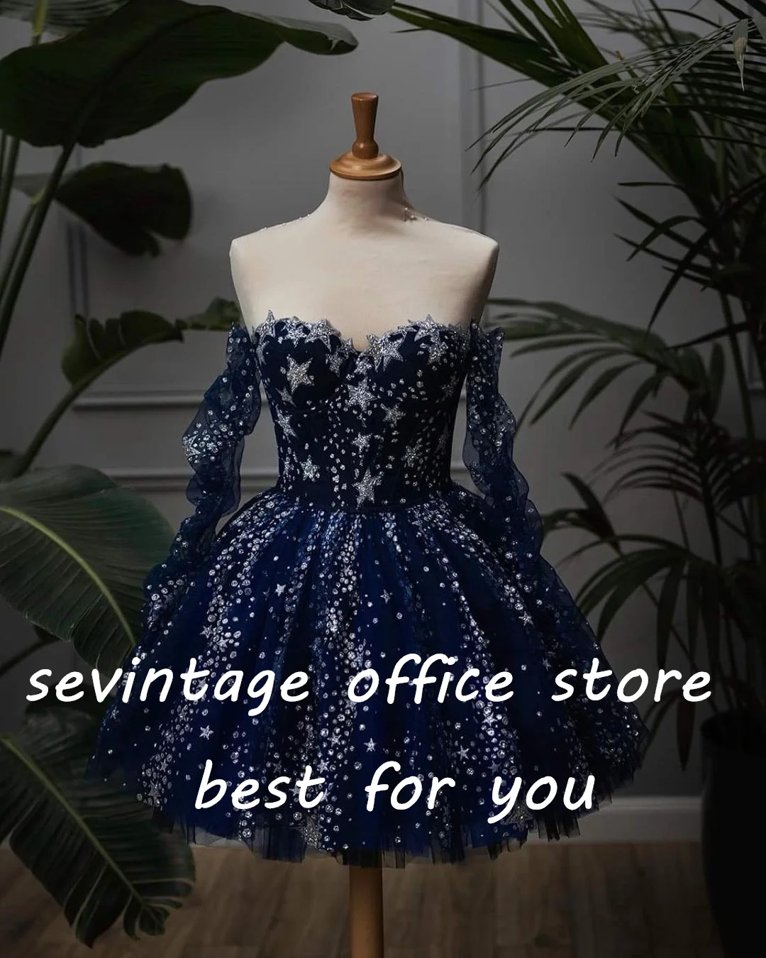 Top Trends: Sevintage Glitter Navy Blue Starry Tulle Prom Dresses Long Sleeves Sweetheart Pleat Ruched Mini Evening Gowns Formal Party Dress Shoppable Styles - Image 2