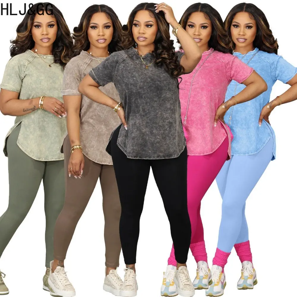 Top Trends: HLJ&amp;GG Casual Solid Color Sporty Two Piece Sets Women Round Neck Short Sleeve Top And Skinny Pants Tracksuit Casual 2pcs Outfits Shoppable Styles